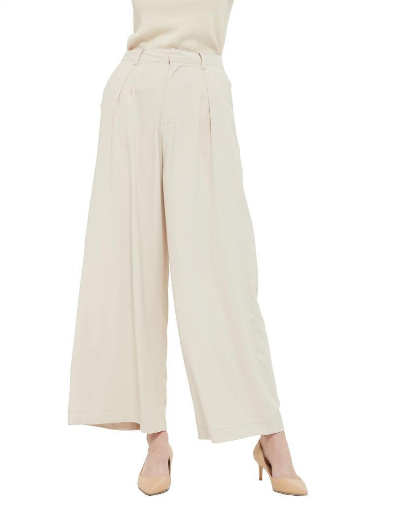 Tronjori Women High Waist Casual Wide Leg Long Palazzo Pants Trousers Regular Size(M,Summer Beige) - Image 2